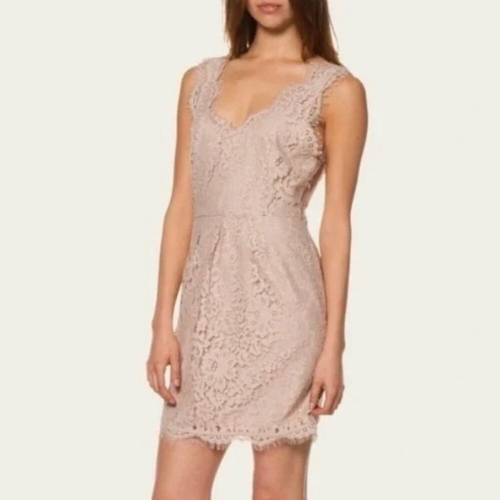 Joie Rori Lace Fringe Mini Dress Mushroom Tan Champage - Picture 1 of 14